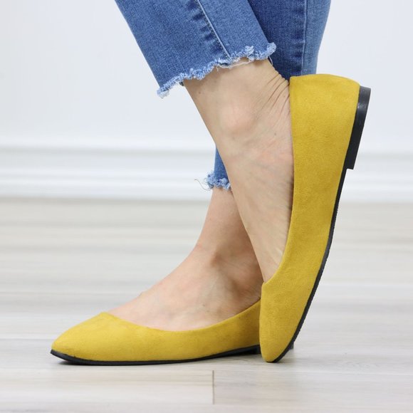 Mustard Yellow Faux Suede Wide Pointy Toe Slip On Flat Shoes - Picture 8 of 12
